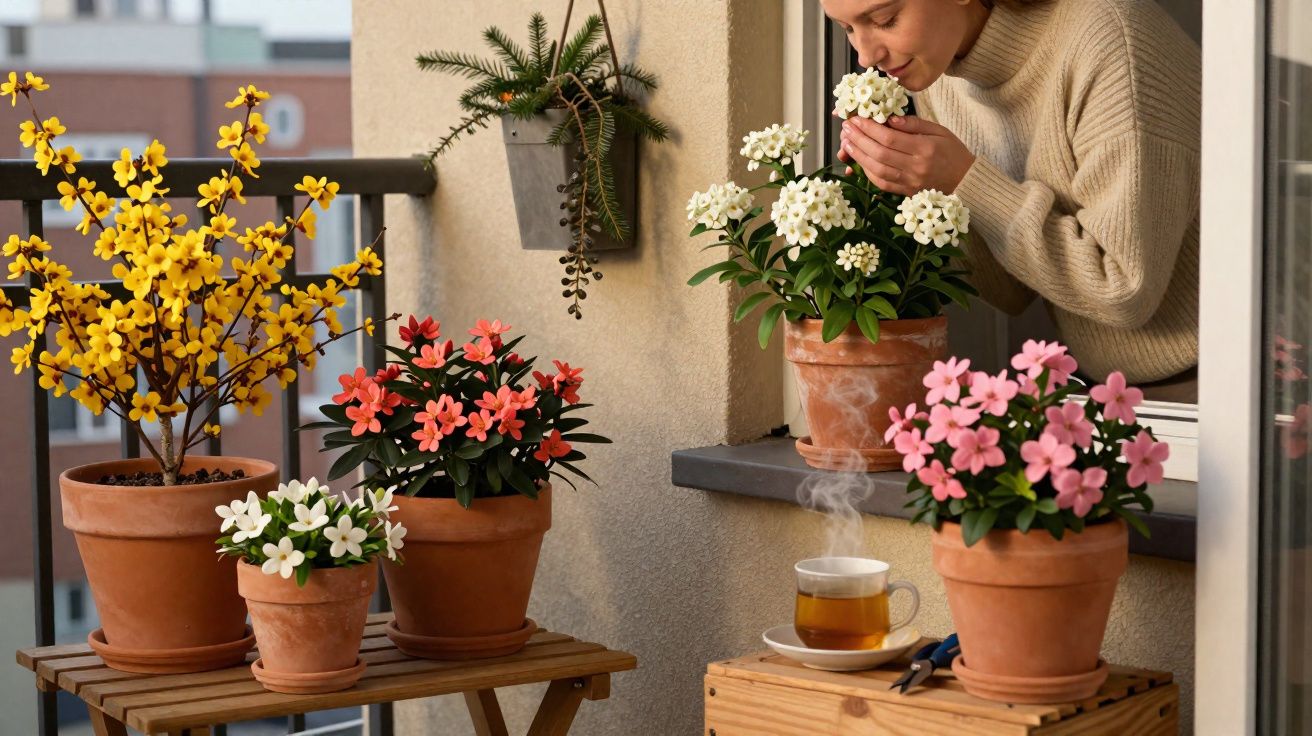 Mulher a cheirar flores em vasos num terraço com várias plantas e chá quente.