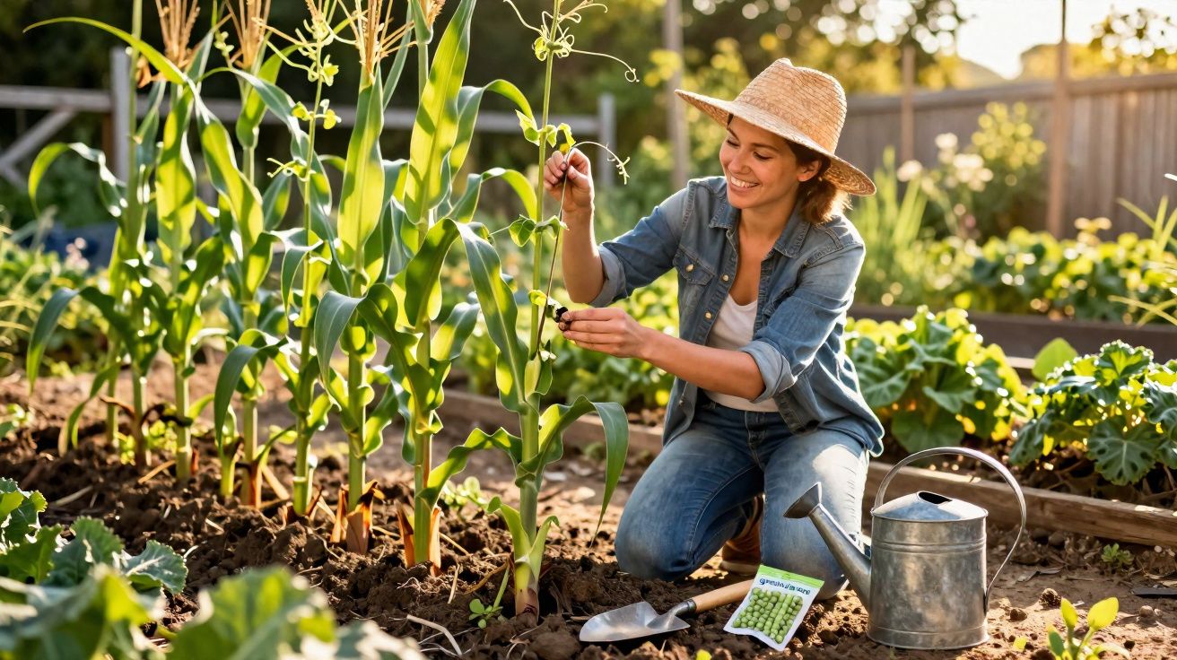 Mulher com chapéu de palha a cuidar de plantas num jardim com regador e enxada ao lado.
