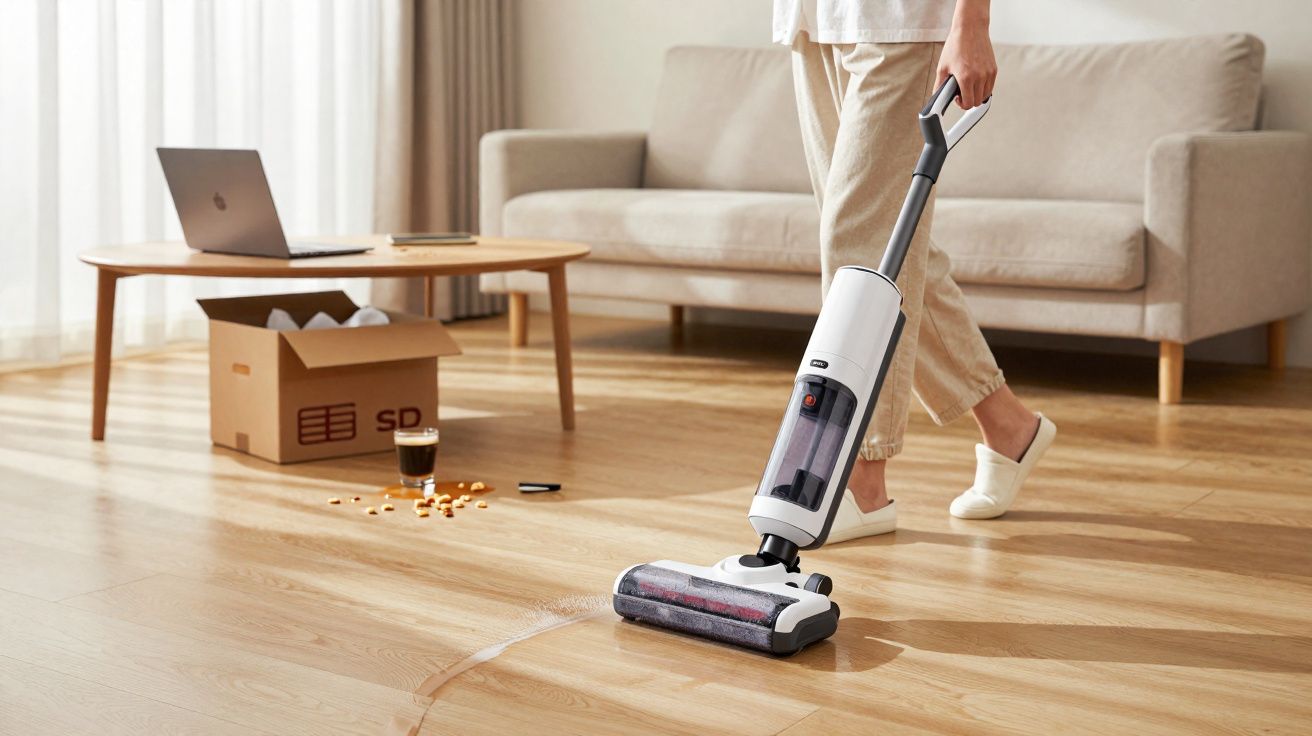 Pessoa a aspirar chão de madeira clara com aspirador sem fios, ao lado de mesa com computador e caixa aberta.