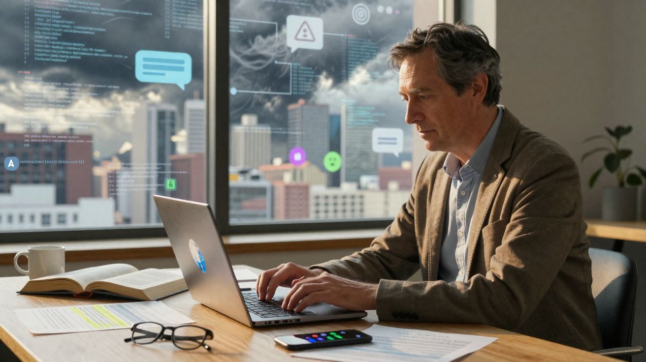 Homem de negócios a trabalhar num portátil no escritório, com janelas e gráficos digitais visíveis ao fundo.