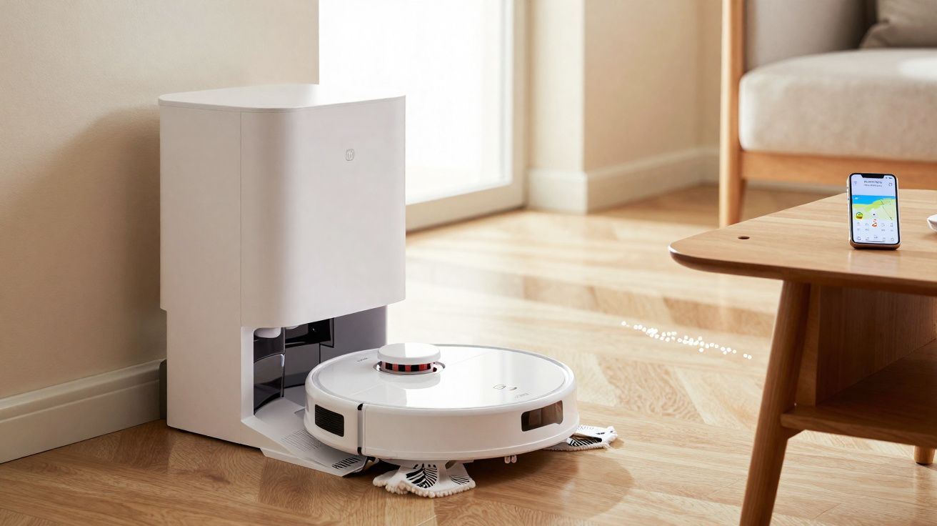 Aspirador robot branco a limpar chão de madeira junto a estação de carregamento, com smartphone na mesa.