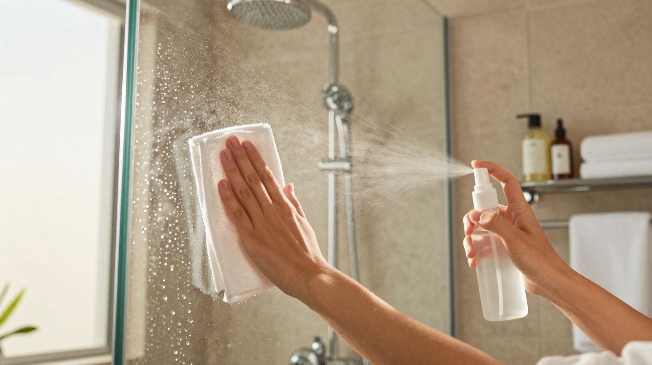 Mãos a limpar um vidro de chuveiro com spray e pano branco numa casa de banho moderna.