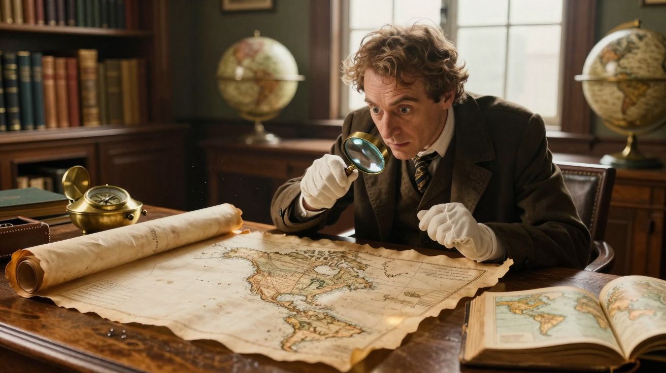Homem vestido à época estuda mapa antigo com lupa numa sala com globos e livros.