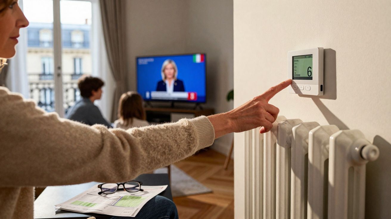 Pessoa a ajustar o termostato de um radiador num sala com televisão ligada ao fundo.