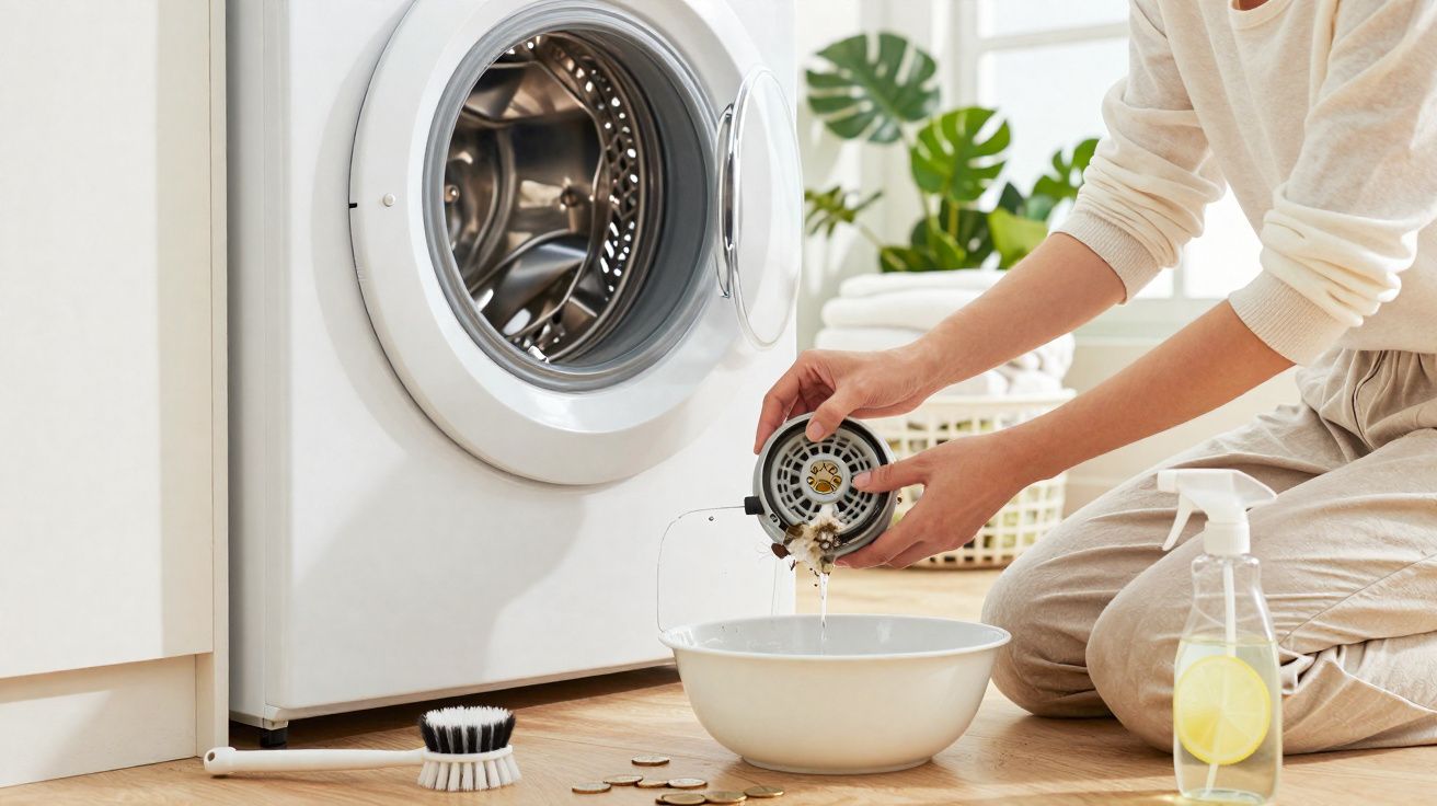 Pessoa a limpar o filtro da máquina de lavar roupa, com moedas e escova no chão e detergente ao lado.