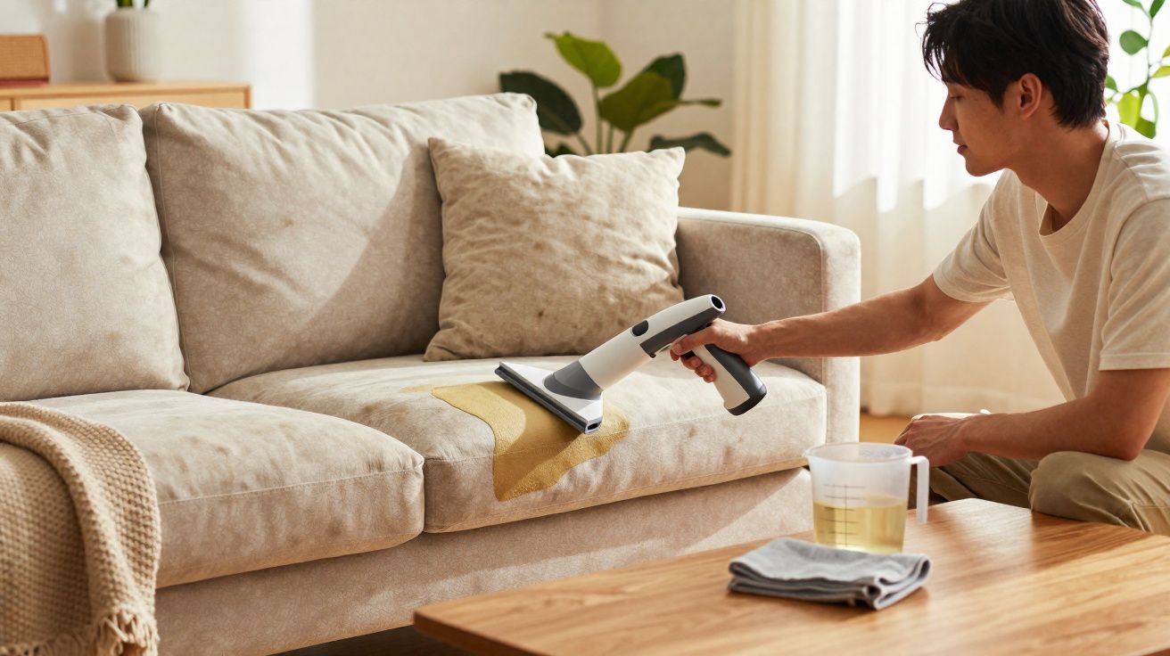 Homem a limpar nódoa castanha num sofá bege com aspirador de mão num ambiente de sala iluminada.