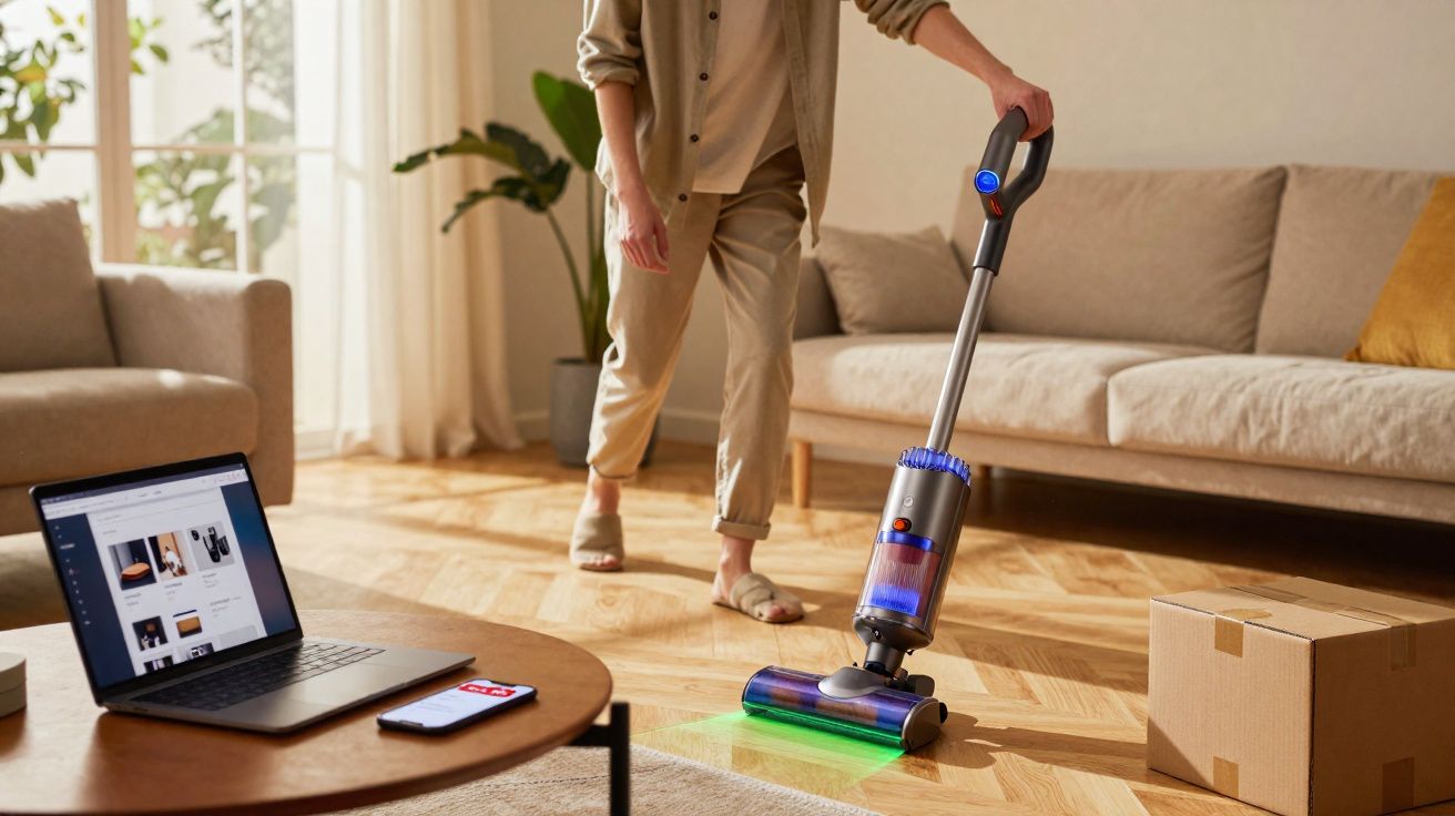 Pessoa a aspirar chão de madeira numa sala de estar com aspirador sem fios e laptop numa mesa.