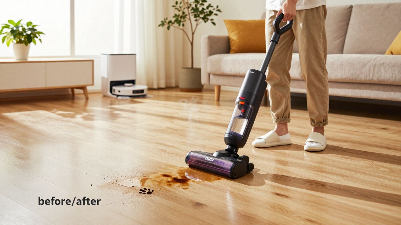 Pessoa a aspirar sujidade líquida num chão de madeira clara numa sala iluminada com sofá e plantas.