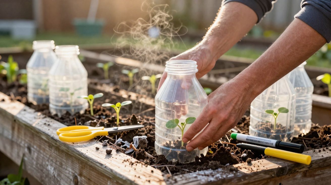 Mãos a proteger plantas jovens com garrafas de plástico cortadas num canteiro de madeira ao ar livre.