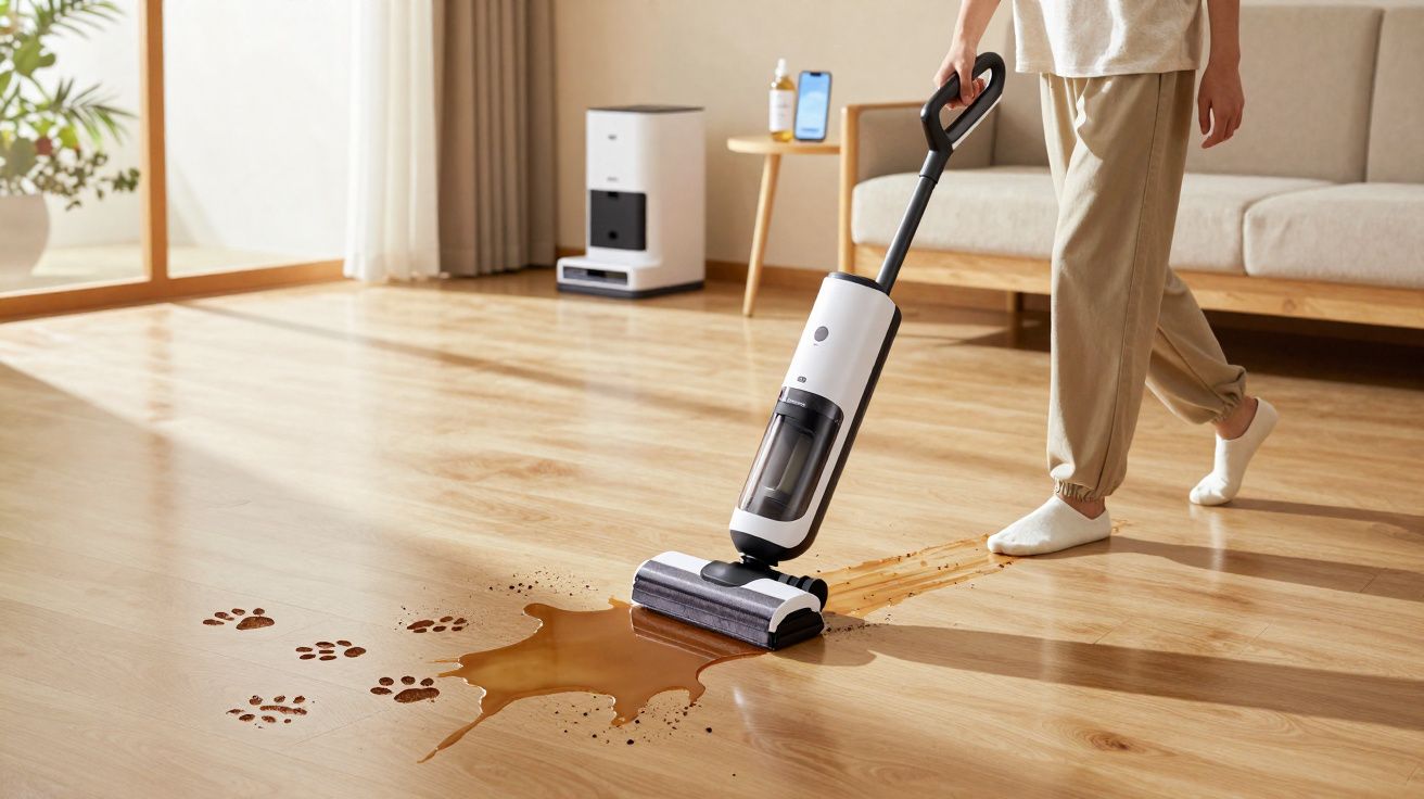 Pessoa a limpar chão de madeira com aspirador robô removendo líquido e pegadas de patas.