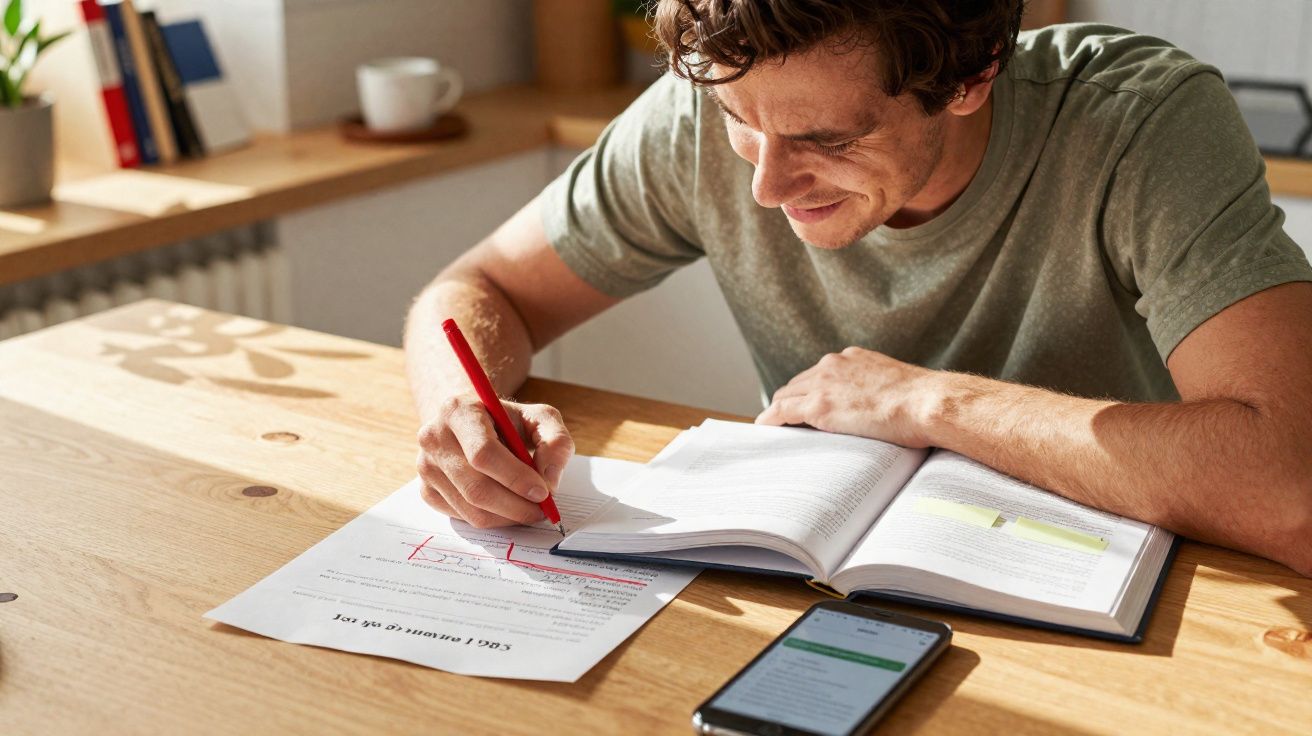 Homem sorridente a corrigir texto com caneta vermelha numa mesa de madeira, com livro aberto e telemóvel.