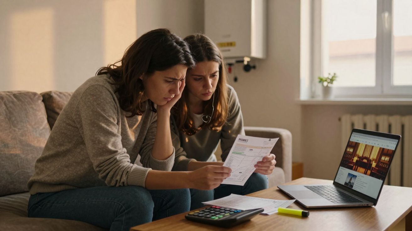 Duas mulheres sentadas no sofá a analisar uma fatura preocupadas, com calculadora e portátil na mesa.