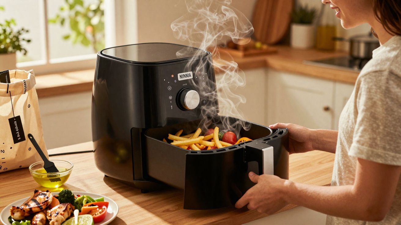 Mulher a retirar batatas fritas quentes a fumegar de uma fritadeira elétrica na cozinha.