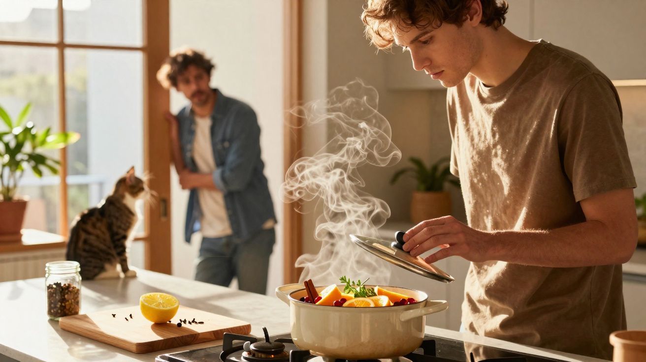 Pessoa jovem a destapar panela a cozinhar enquanto outra observa e gato está em cima da bancada da cozinha.