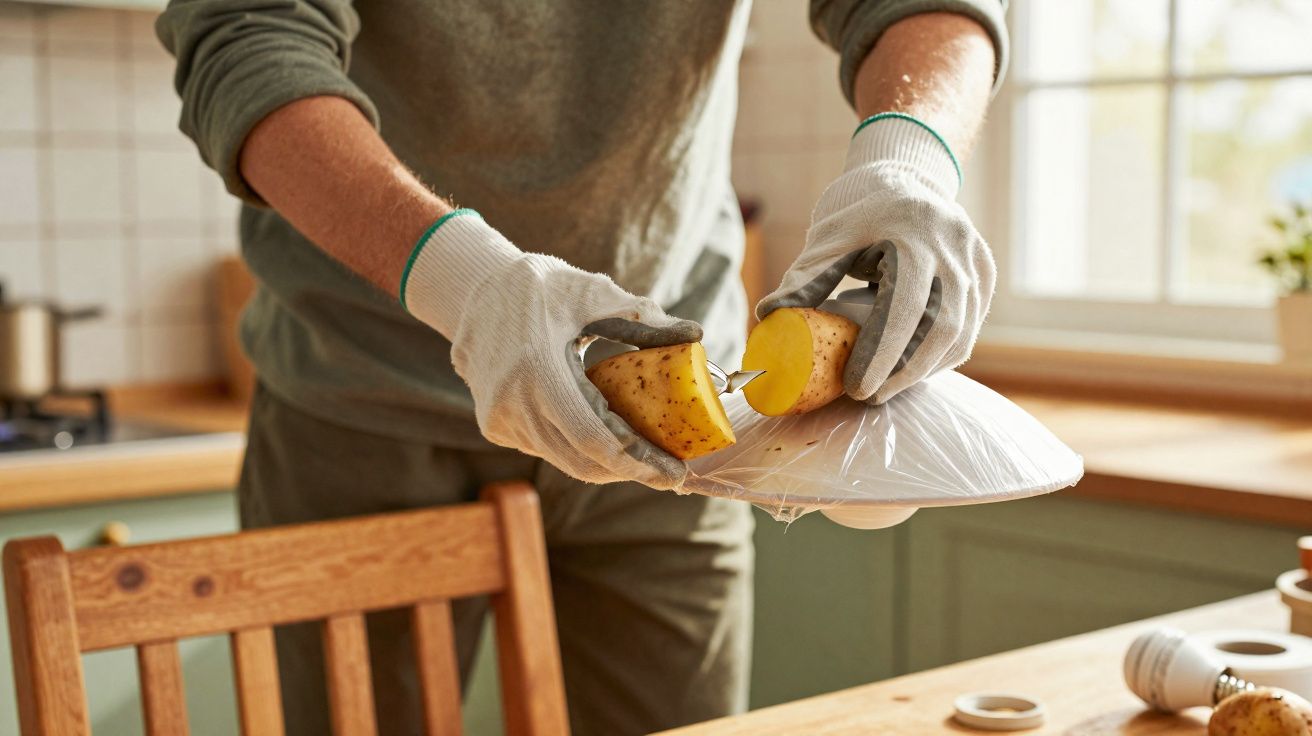 Pessoa a cortar uma batata ao meio numa cozinha, vestindo luvas de proteção cinzentas.
