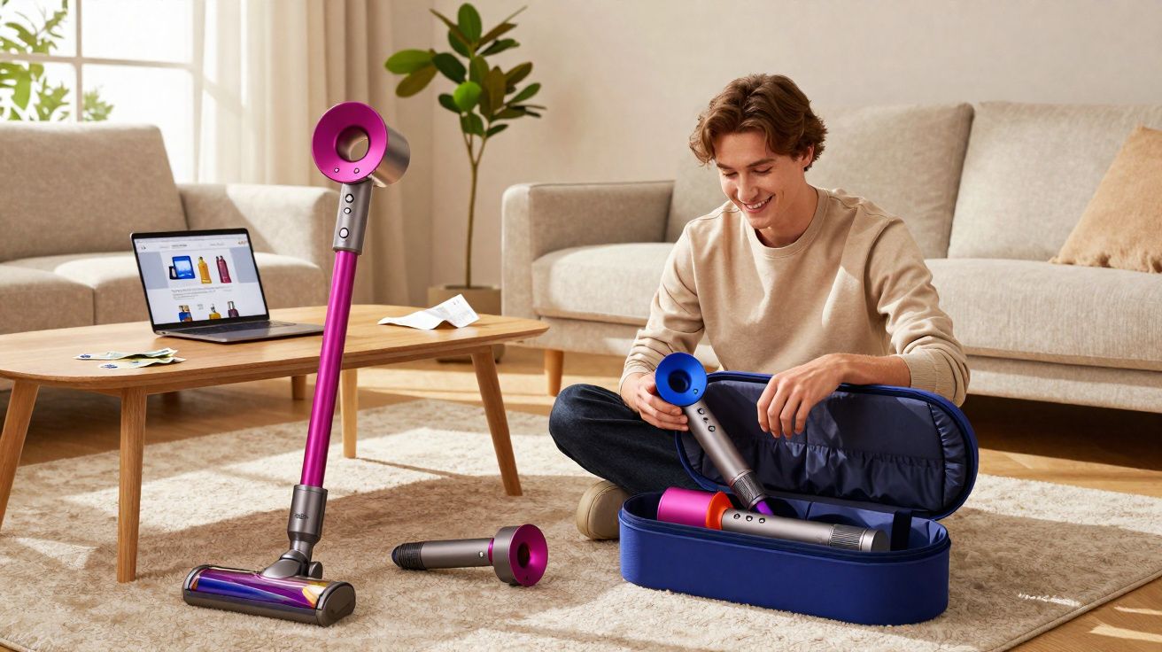 Homem sentado no chão guarda acessórios de aspirador sem fio num estojo azul na sala de estar.