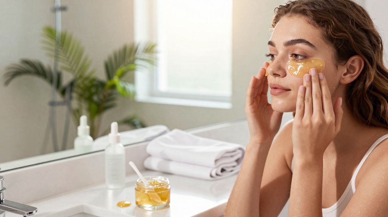 Mulher aplica máscara facial hidratante dourada debaixo dos olhos numa casa de banho moderna e iluminada.