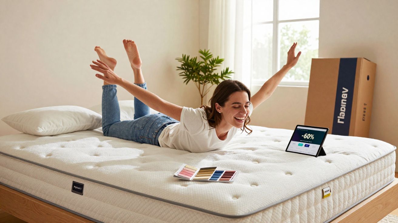 Mulher feliz deitada de barriga para baixo num colchão novo, braços e pernas levantados, vendo um tablet com desconto.