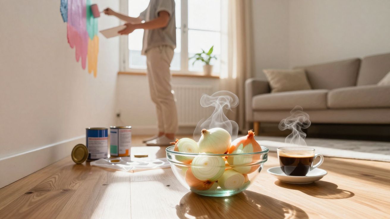 Tigela com cebolas fumegantes e chá quente num chão de madeira, pessoa a pintar parede ao fundo.