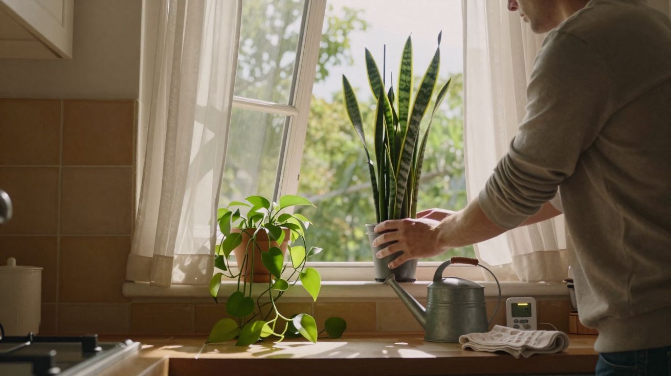 Pessoa a colocar planta junto a janela aberta numa cozinha iluminada pelo sol da manhã.