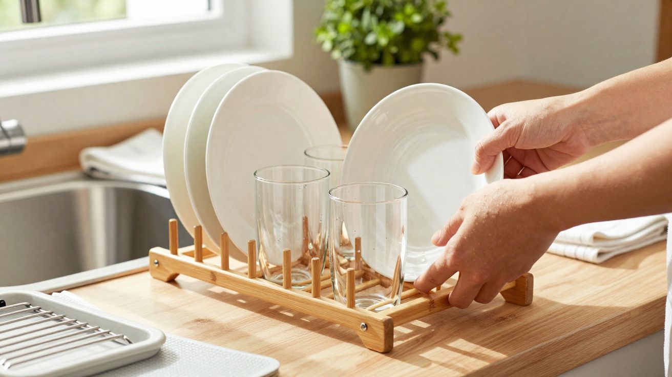 Mãos a guardar pratos brancos e copos transparentes num escorredor de loiça de madeira numa bancada de cozinha.