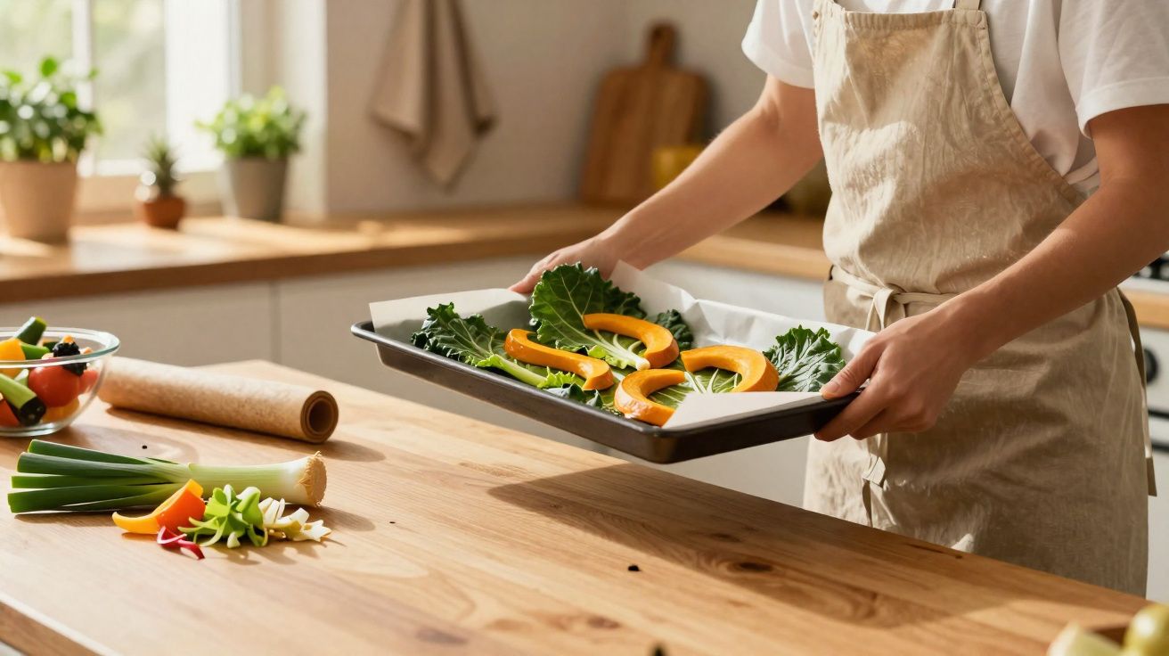 Pessoa com avental a preparar tabuleiro com legumes fatiados numa cozinha luminosa e moderna.