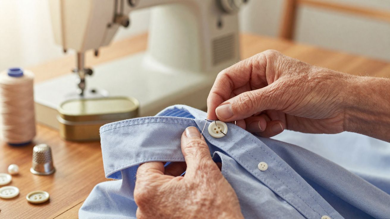 Mãos a coser um botão branco numa camisa azul clara com máquina de costura ao fundo.