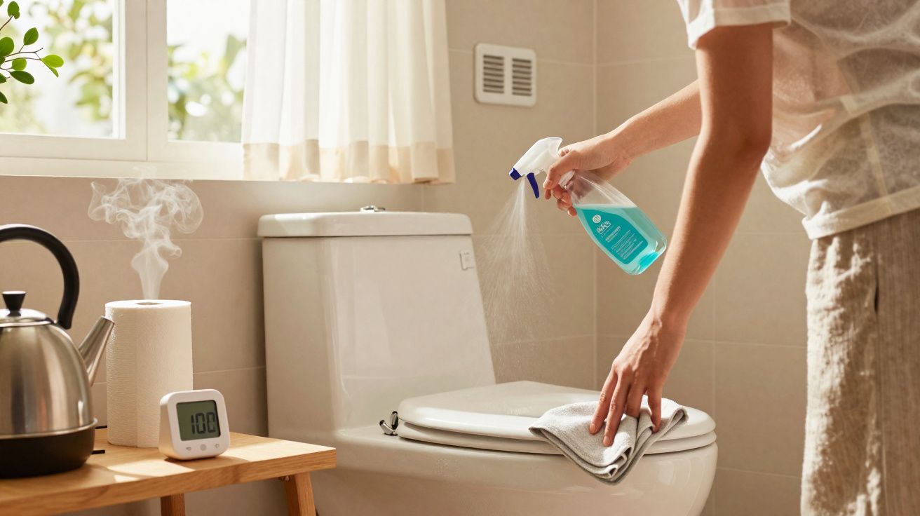 Pessoa a limpar tampo de sanita branca com pano e spray de limpeza num banheiro iluminado.