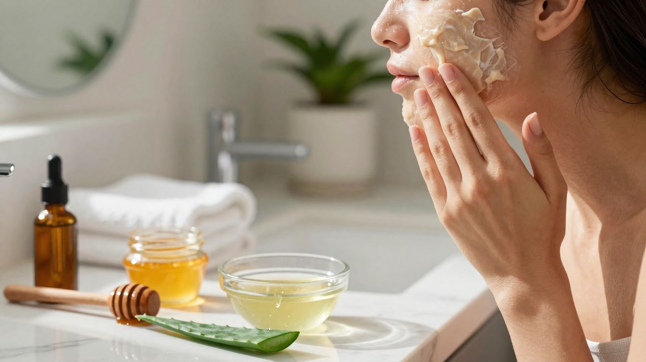 Pessoa a aplicar creme no rosto numa casa de banho, com frascos e ingredientes naturais como mel e aloe vera na bancada.