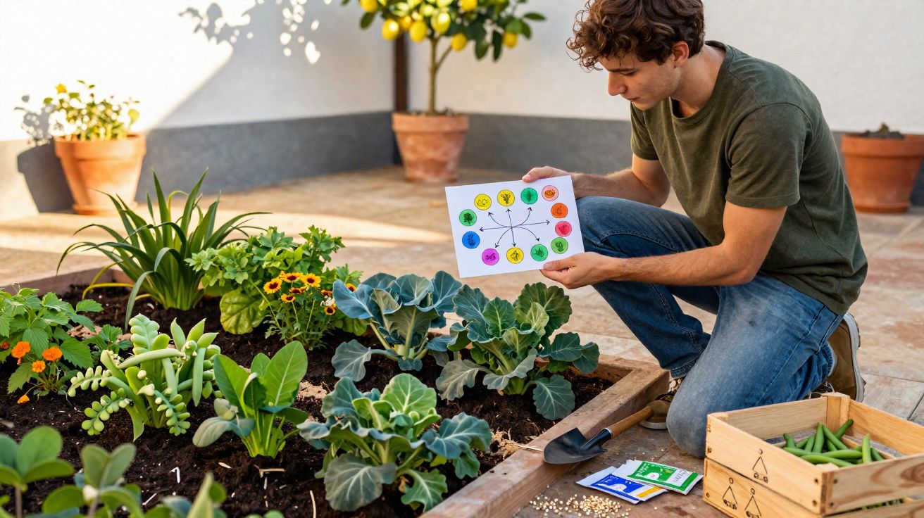Homem a consultar esquema colorido enquanto verifica plantas numa horta urbana com legumes e flores.