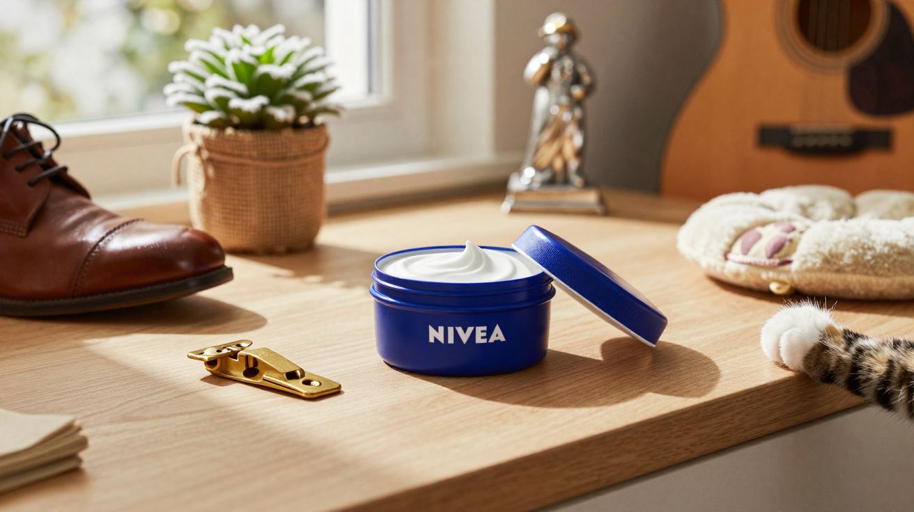 Pote aberto de creme Nivea sobre mesa com sapato castanho, planta, guitarra e pata de gato à vista.