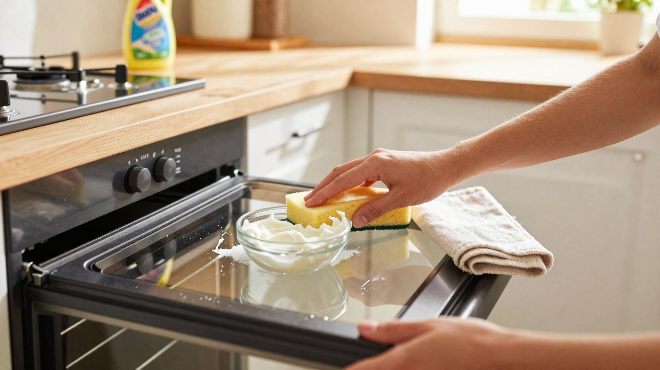 Pessoa a limpar o vidro do forno com esponja e creme de limpeza numa cozinha moderna.