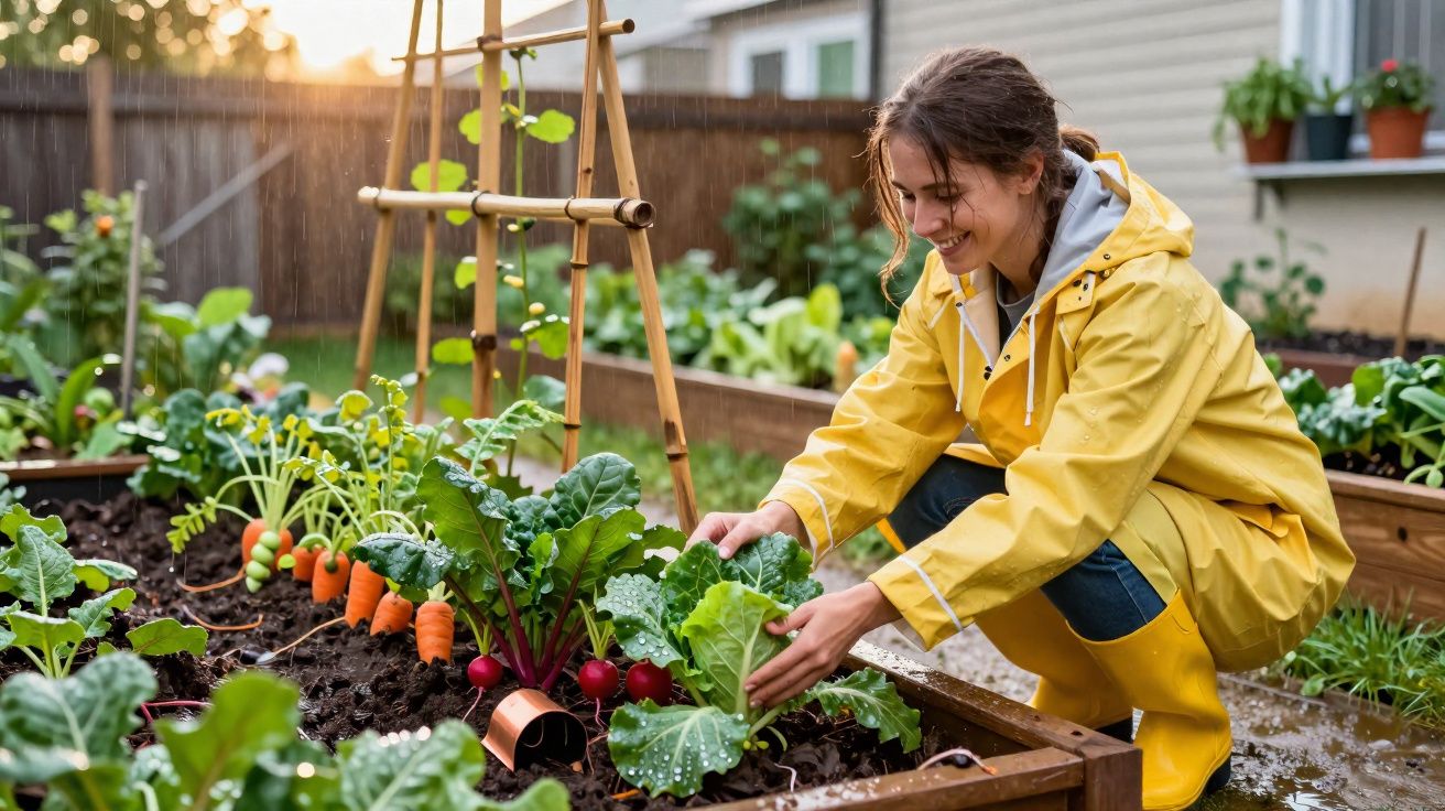 Mulher com fato amarelo a cuidar de plantas numa horta urbana ao entardecer.