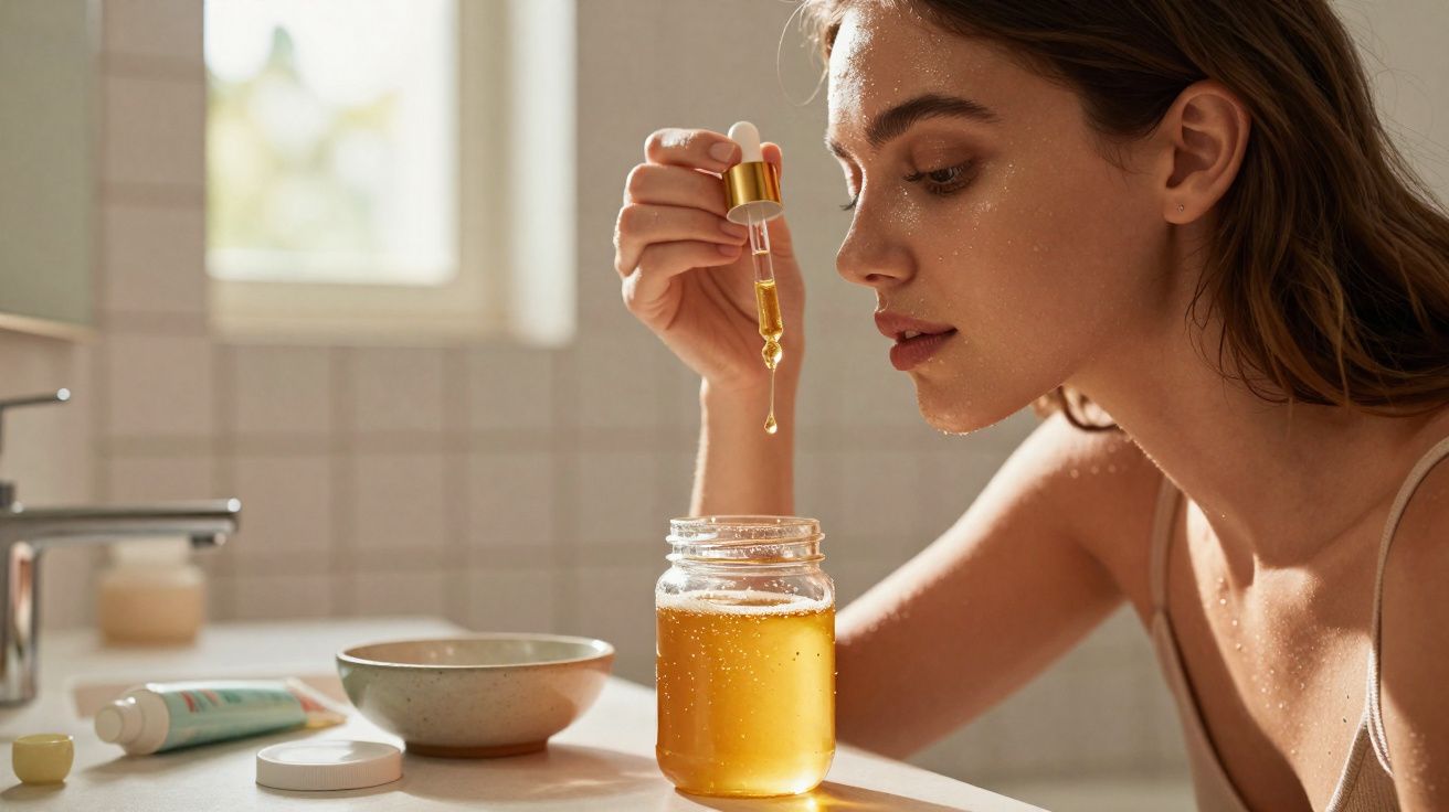 Mulher a usar conta-gotas para tirar óleo dourado de frasco em casa, ambiente de cuidados pessoais.
