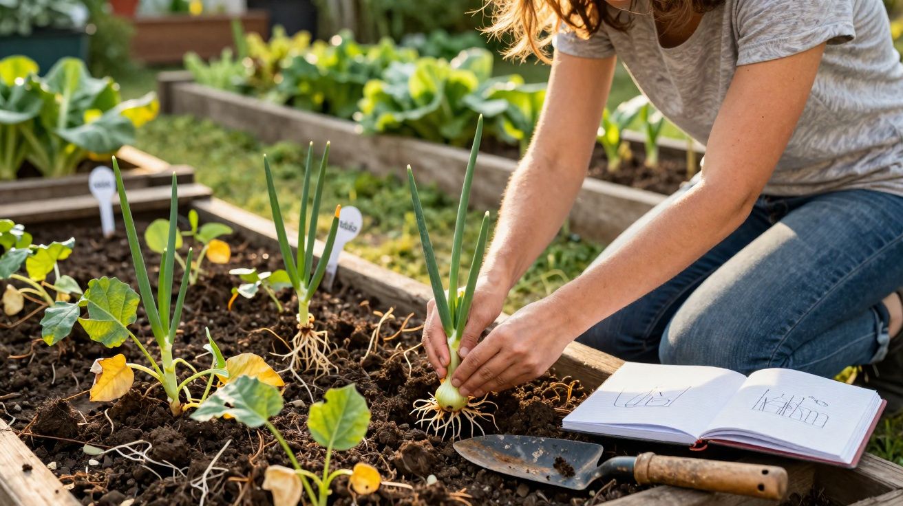 Pessoa a plantar cebolas num canteiro de jardim com caderno e enxada ao lado.