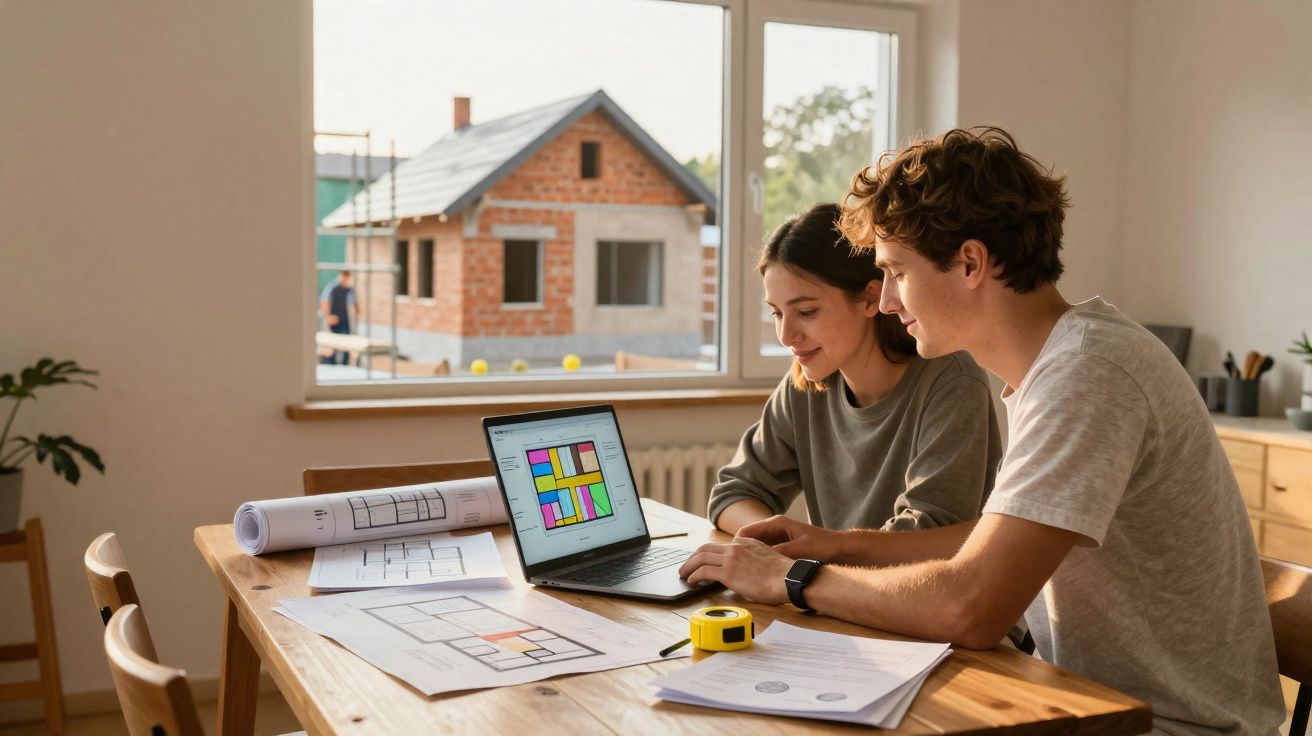 Casal a analisar plantas e projeto de casa num computador portátil numa sala iluminada, com obra visível pela janela.