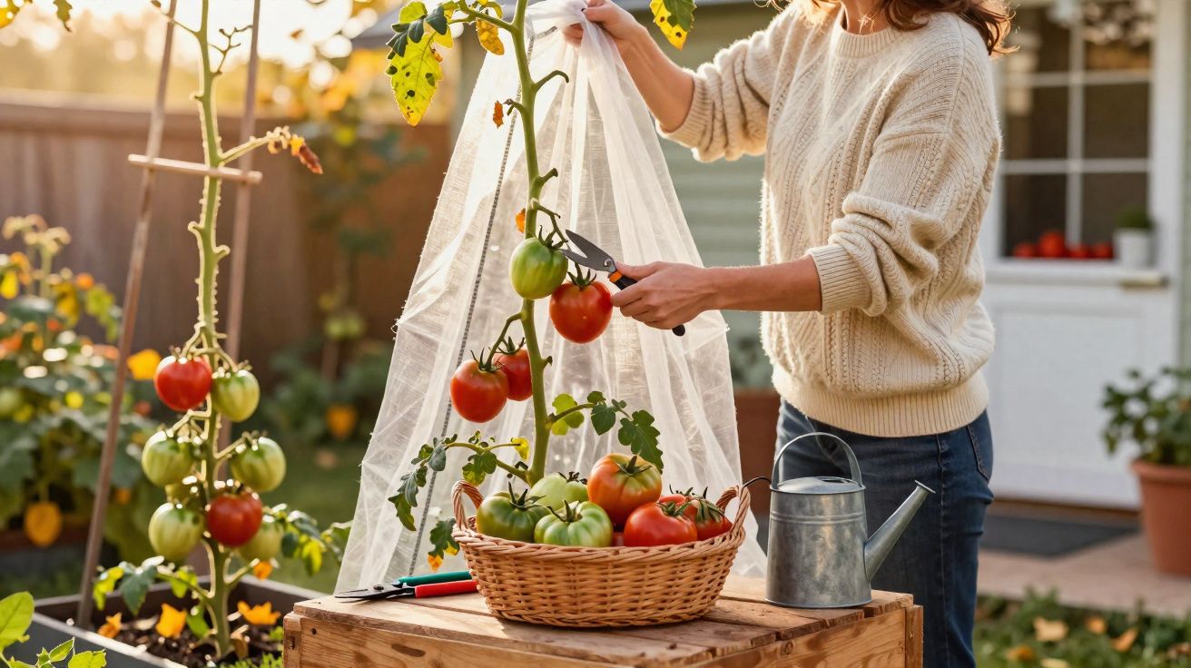 Pessoa a colher tomates maduros numa horta caseira, com cesta e regador numa mesa de madeira.