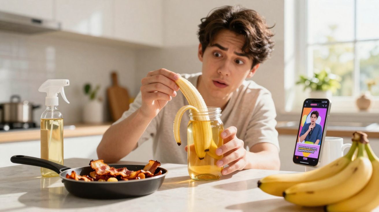 Homem surpreendido a mergulhar uma banana numa jarra com líquido na cozinha moderna.
