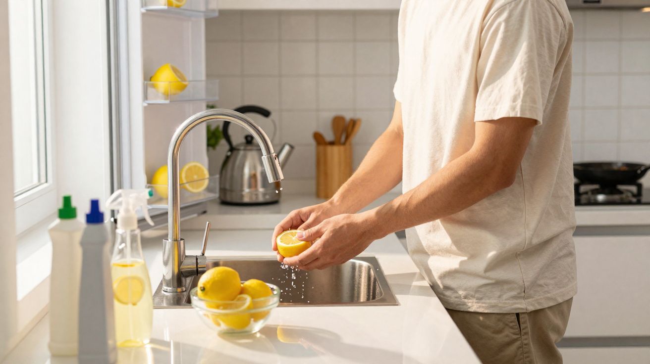 Pessoa a espremer limão junto a uma pia de cozinha moderna com tigela de limões amarelos.