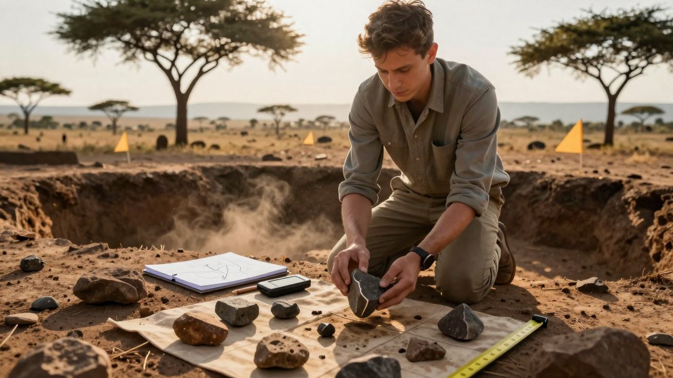 Homem a analisar pedras numa escavação arqueológica ao ar livre em terreno árido com árvores ao fundo.