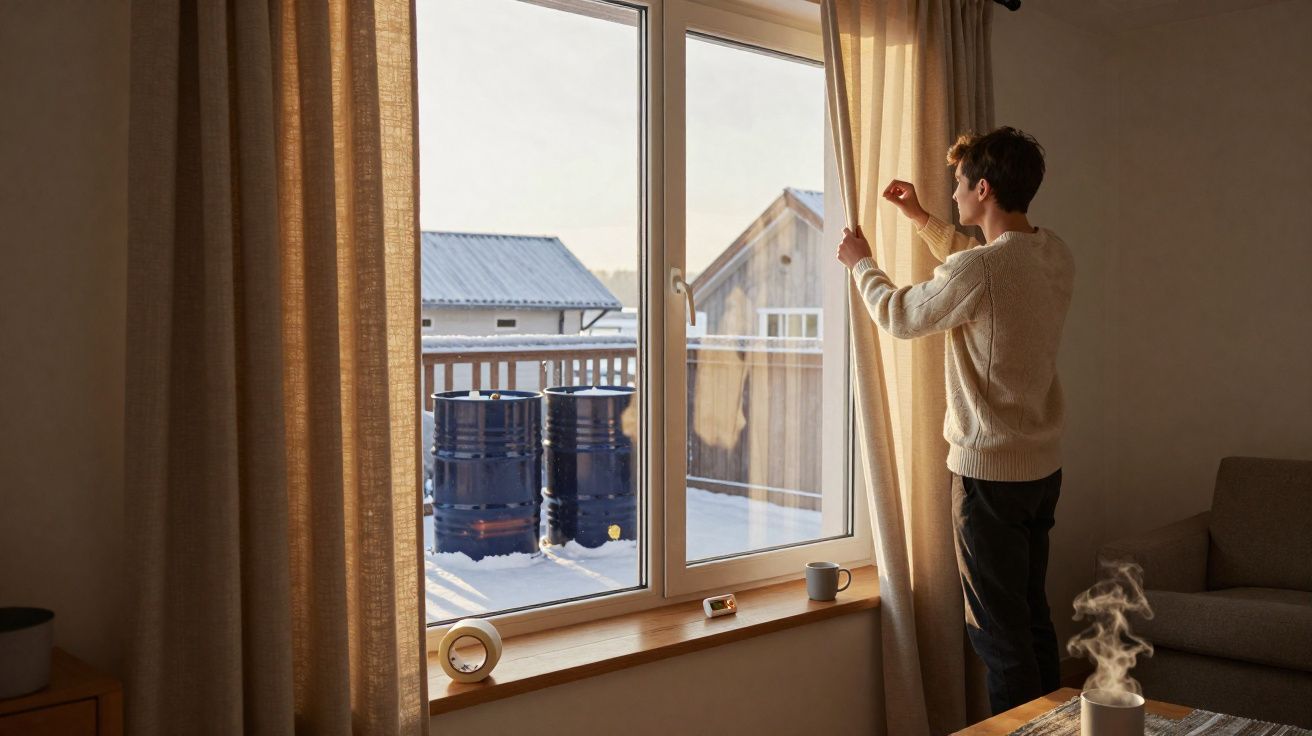 Pessoa a abrir cortinas numa sala com janela para área exterior nevada e vários fardos.