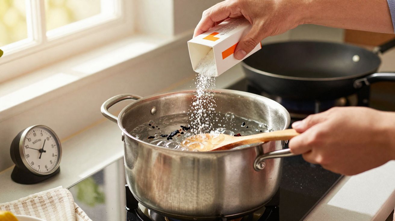 Pessoa a adicionar sal a uma panela com água a ferver num fogão de cozinha.