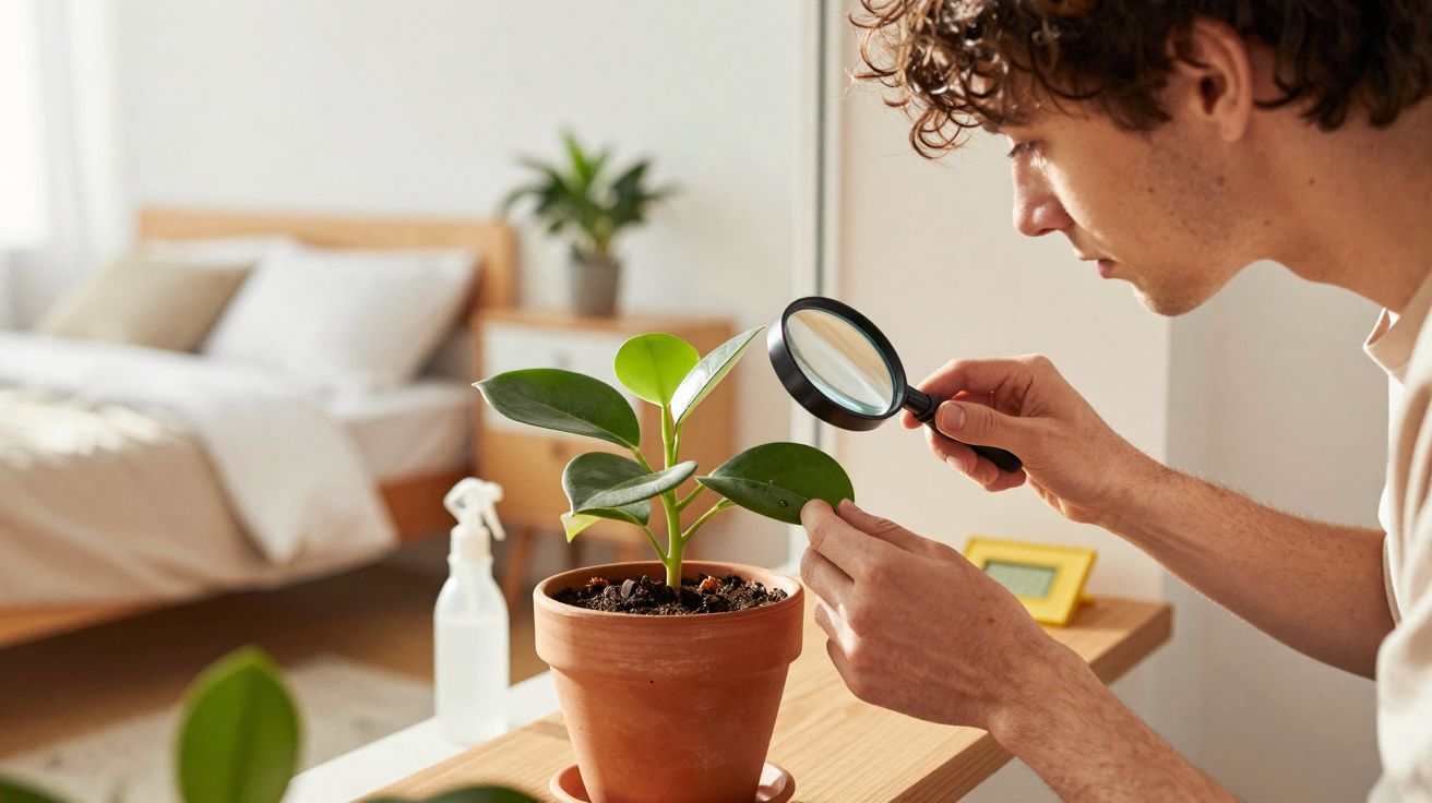 Homem observa planta em vaso de barro com lupa numa divisão luminosa e moderna.