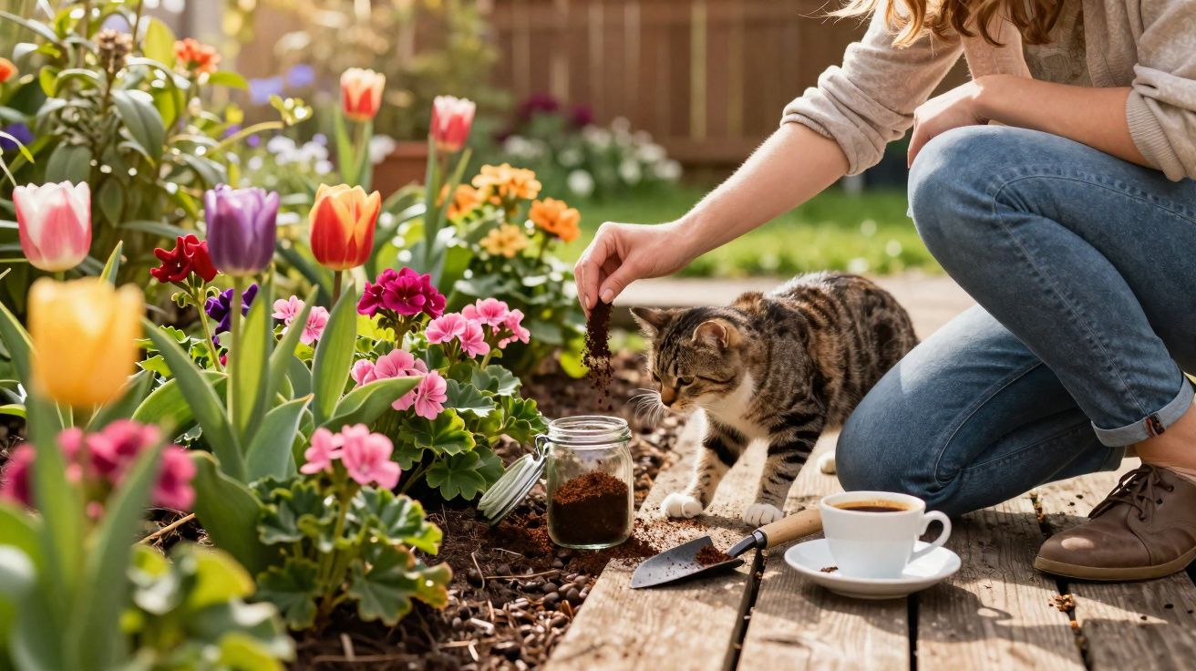 Pessoa a alimentar gato junto a flores coloridas num jardim ensolarado, com café ao lado.