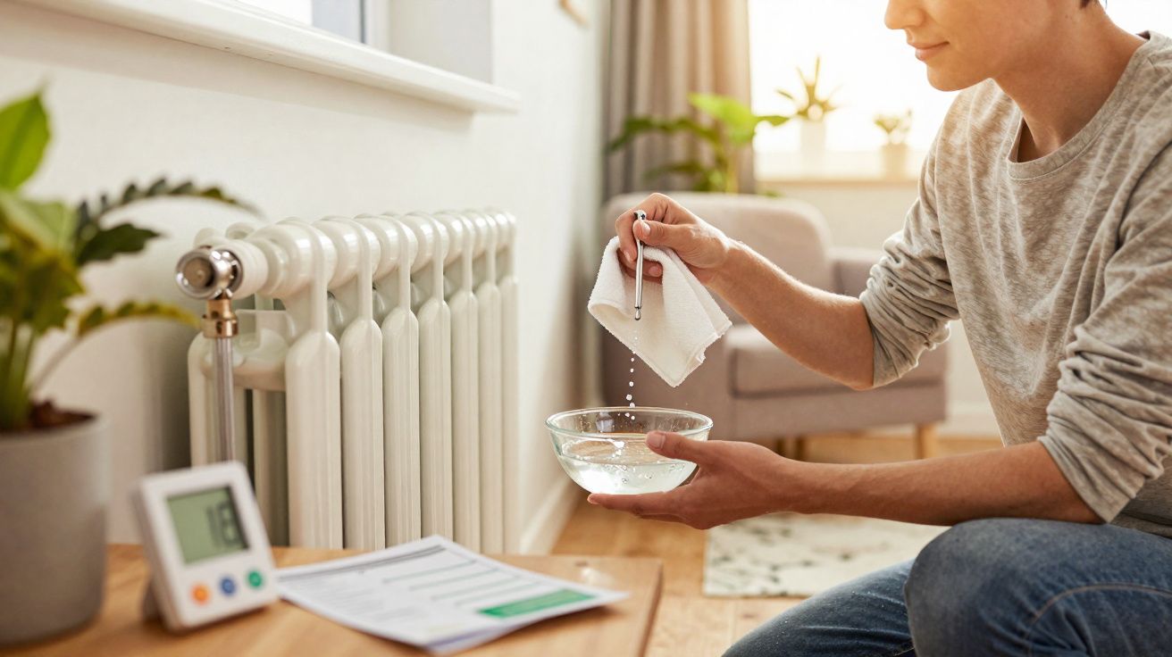 Pessoa a verificar temperatura de um radiador dentro de uma sala luminosa e confortável.