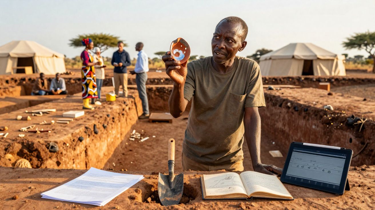 Homem arqueólogo mostra fragmento cerâmico num sítio de escavação arqueológica ao ar livre.