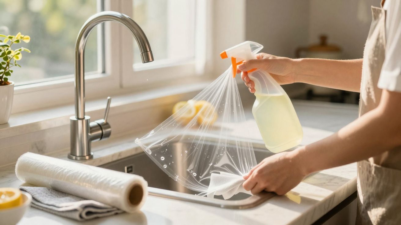 Pessoa a limpar uma bancada de cozinha junto a uma pia com um pulverizador e pano branco.