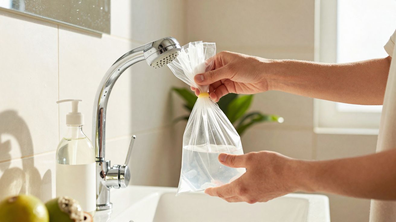 Pessoa a encher um saco plástico transparente com água numa torneira junto a uma pia branca.