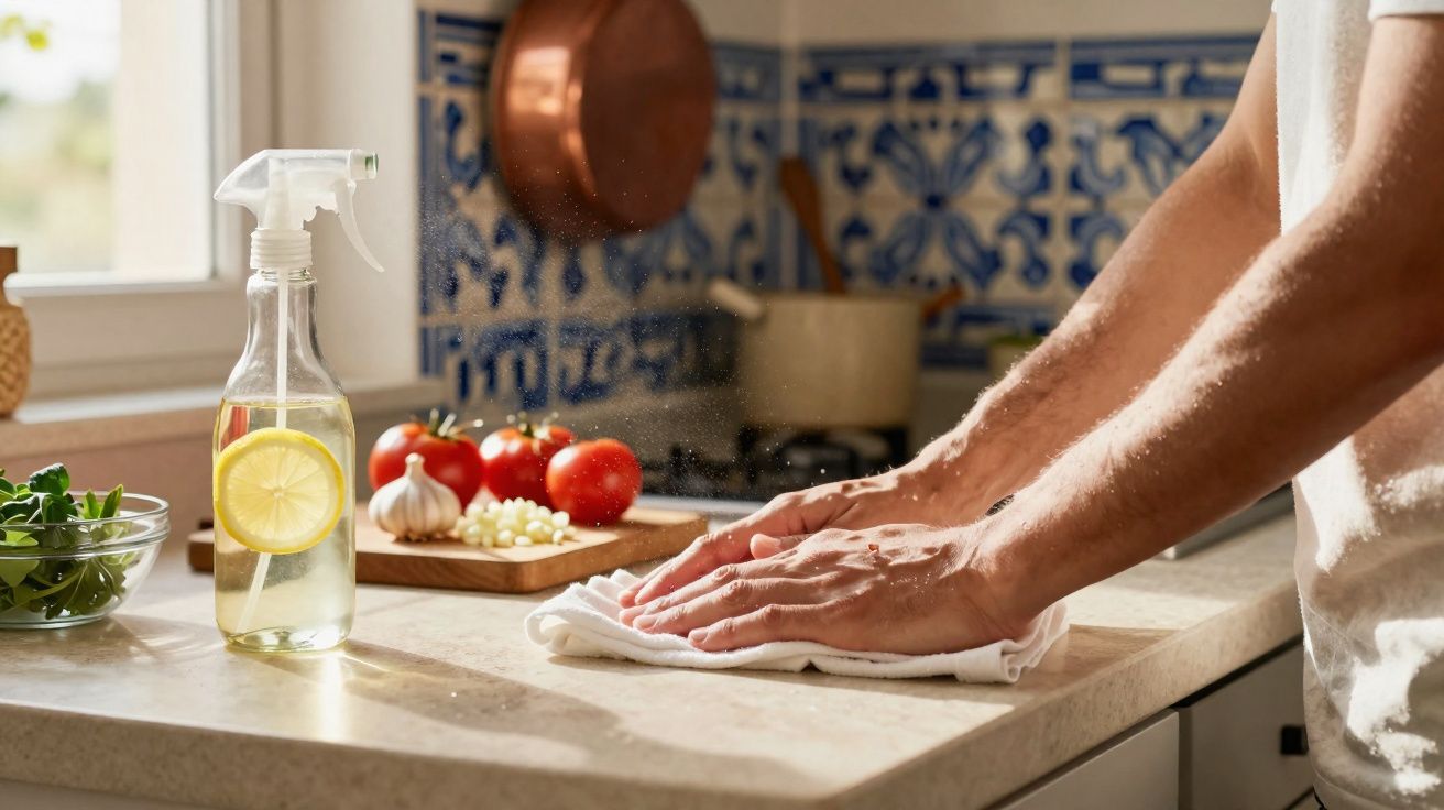 Pessoa a limpar bancada de cozinha com pano, spray com limão e vegetais frescos ao fundo.