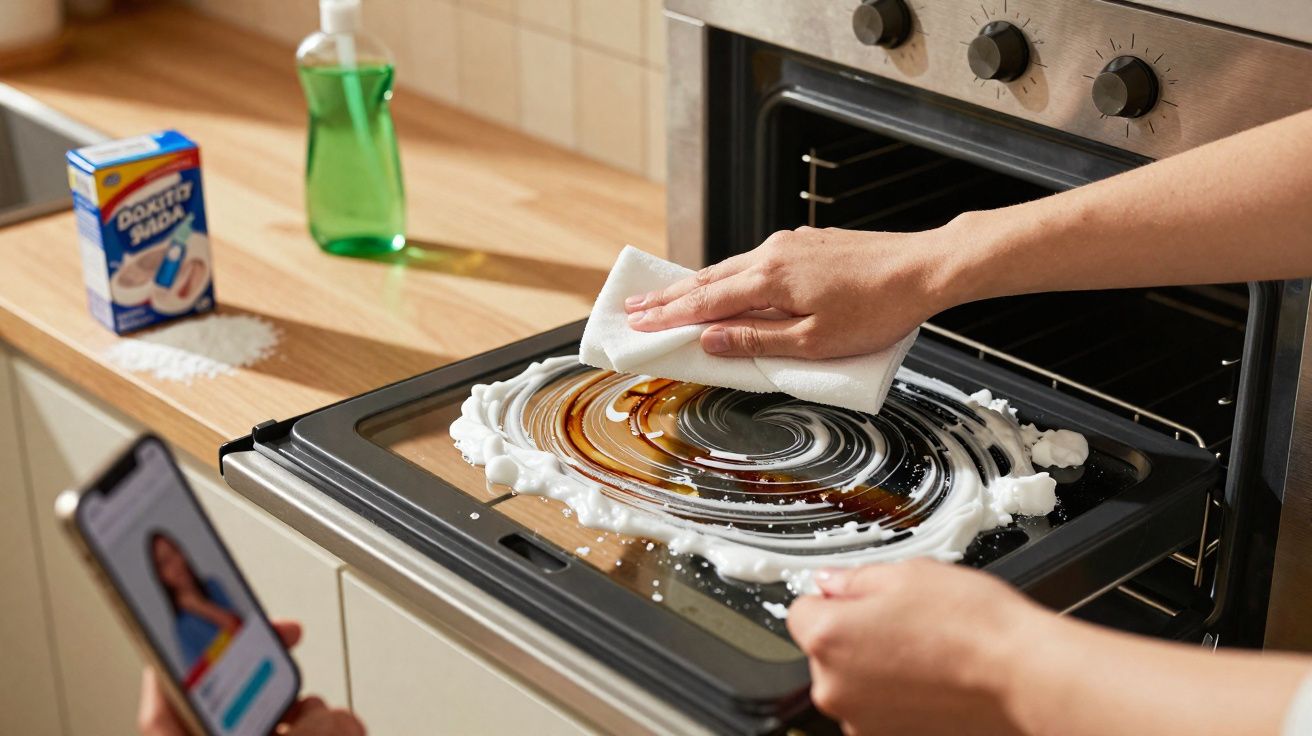 Mãos a limpar porta do forno com esponja branca e detergente de espuma branca espalhada.